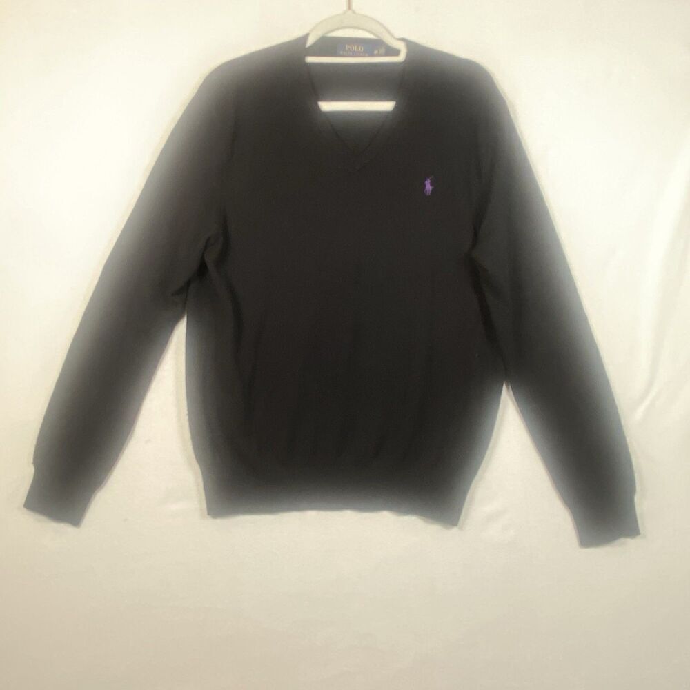Polo Ralph Lauren Black Merino Wool V Neck Sweater Men’s M Purple Pony Logo